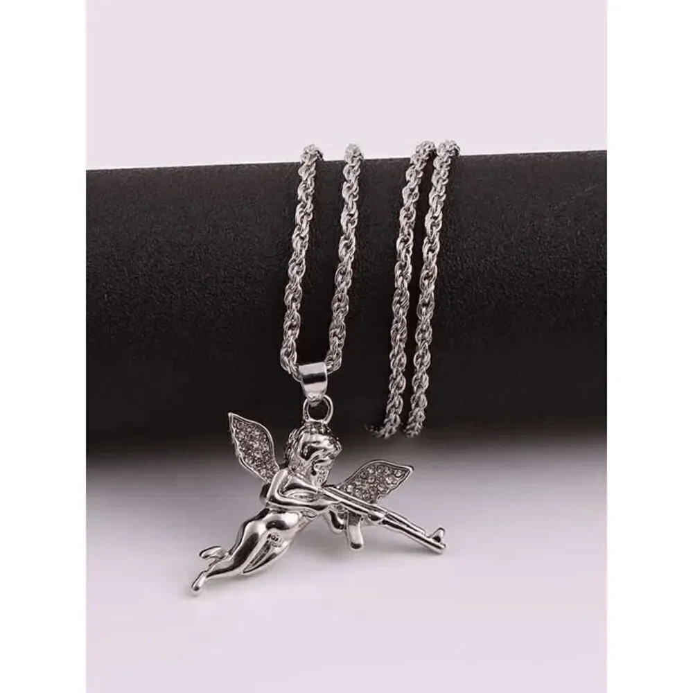 Diamond Angel Cherub Cupid AK47 Gun White Gold Plated Pendant Necklace